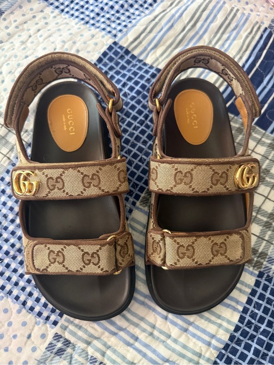 Gucci Shoes - Gucci Brown GG Canvas Sandals with Gold Hardware